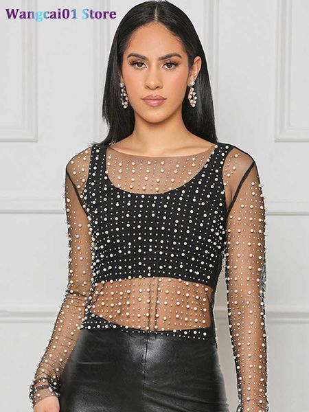 Wangcai01 Kadın T-Shirt Rhinestones İnci Örgü Üst Kadınlar 2023 İlkbahar Yaz Seksi Fa T-shirt O-Boyun Uzun Seve Kulübü Parti Bayanlar 0321H23 Tops See Through