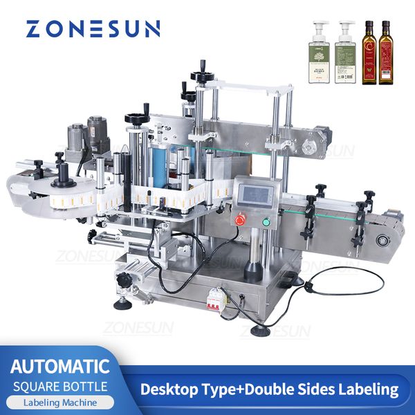 ZONESUN Apparecchiatura industriale automatica da banco Etichettatrice per bottiglie rettangolare quadrata a superficie piana Applicatore di etichette adesive a doppio lato