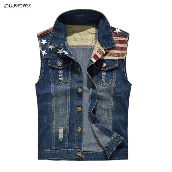 Gilet da uomo Bandiera americana Uomo Patchwork Gilet di jeans Colletto rovesciato Strappato Gilet casual senza maniche da uomo Blu 230320