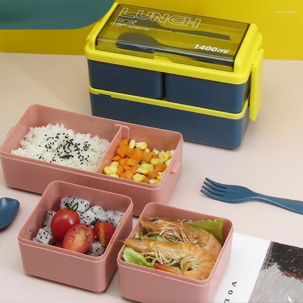 Geschirr-Sets 1400 ml Doppelschicht-Kind-Studenten-Lunchbox 3 Gitter versiegeltes Kunststoff-Picknick-Bento-Mikrowelle mit Vorratsbehälter