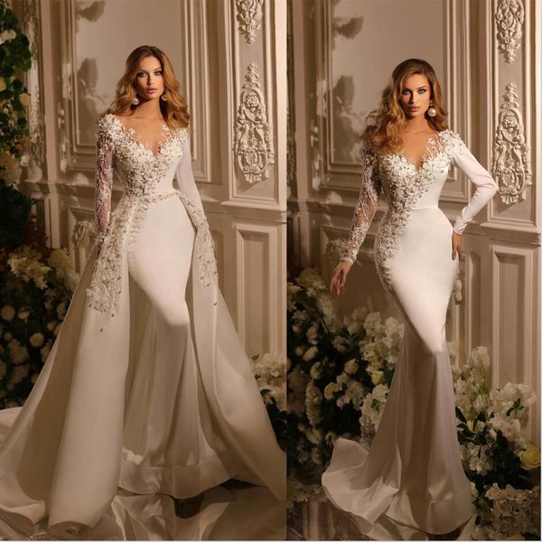 Vestido de noiva moderno de sereia com trem destacável 3d flores de manga comprida vestidos de noiva 2023 vestidos de noiva de miçangas de luxo