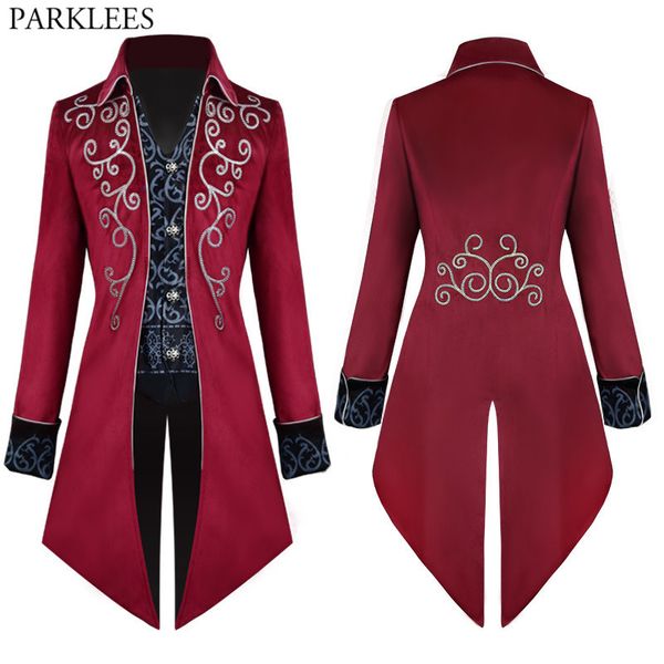 Costumes pour hommes Blazers Hommes Vintage Rouge Steampunk Gothique Veste Victorienne Tailcoat Steampunk Halloween Uniforme Costume Stage Cosplay Prom Trench Coat 230321