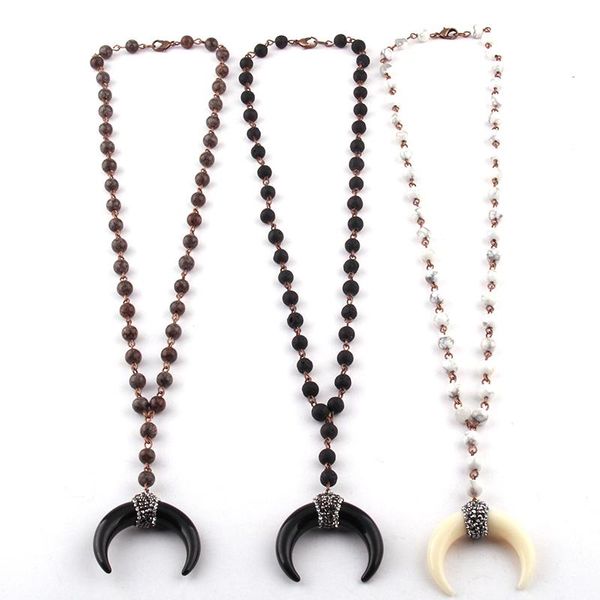 Colares pendentes moda jóias tribais Bohemian Cadeia de rosário preto/brancos Horn lunas de colar étnico