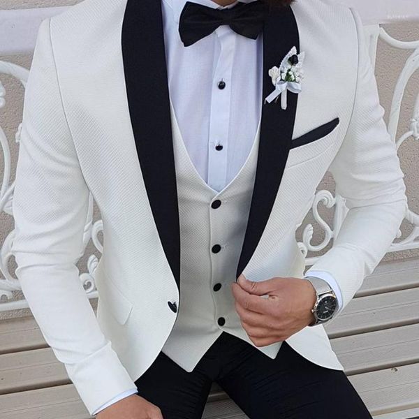 Мужские костюмы белый жених смокинг для свадьбы с черной шальей отворол Slim Fit Men 3 Piece мужской модный жилет жилет