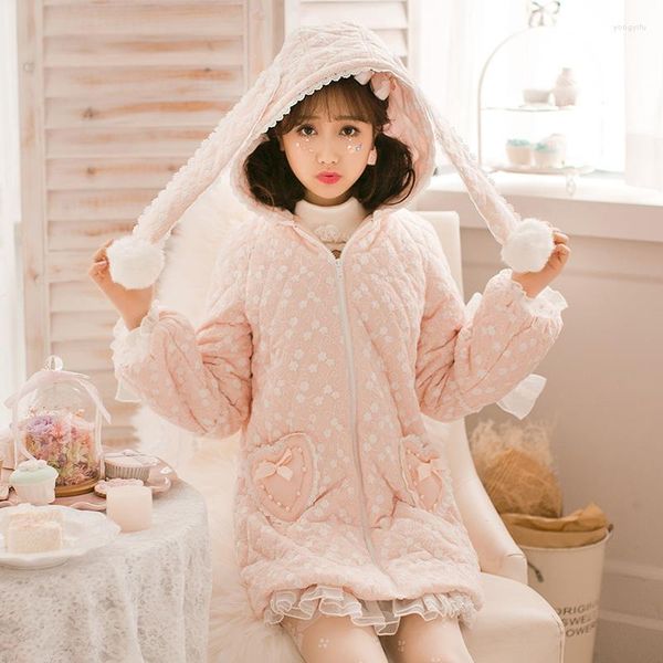 Trench da donna Principessa Dolce Cappotto di fiori rosa Caramelle Decorazione con fiocco di pioggia Ricamo Cerniera Orecchio di peluche Design giapponese Tasca d'amore