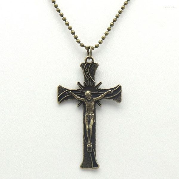 Ketten Diyalo Katholische Antike Bronze Farbe Metall INRI Jesus Kreuz Anhänger Halskette Perlen Kette Halsketten Schmuck Geschenk