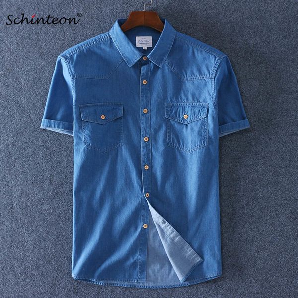 Camicie casual da uomo Schinteon Estate 100% cotone Camicia sottile da uomo in denim a maniche corte Jeans slim morbidi Taglia cinese S-4XL Due tasche frontali 230321