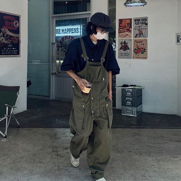 Calça masculina designer retrô macacão roupas de trabalho sling coreano solto leste de manto de streetwear roupas de rua sólida roupas 230320