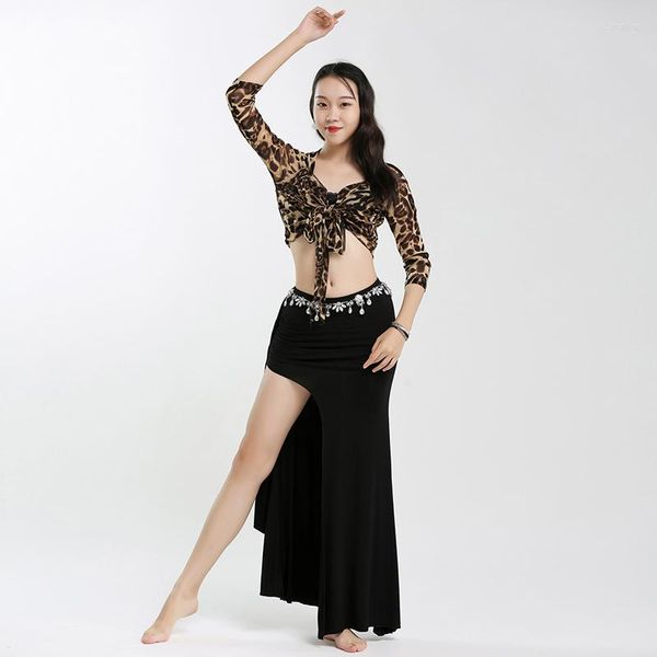 Bühnenkleidung Sommer Orientalische Tanzkostüme Leopardenmuster Mesh Top mit schwarzem Schlitzrock für Frauen Bauchpraxis Kleidung E22263