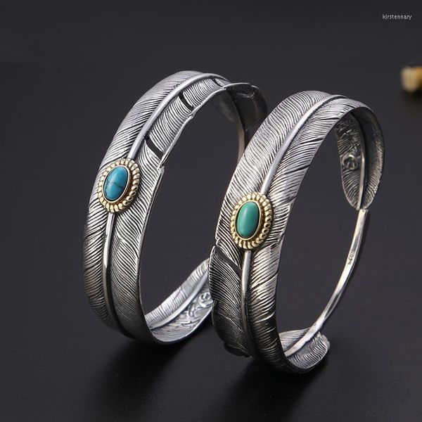 Bangle Bracciale aperto a forma di piuma in argento sterling 925 Braccialetti tailandesi Puck Classic Blue Green Stone Jewelry