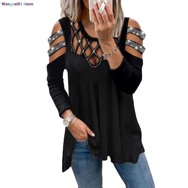 wangcai01 T-shirt da donna Autunno Inverno Donna Moda sexy Scollo a V Tinta unita T-shirt con spalle scoperte Scava fuori Trapano caldo Casual Allentato Lungo Seve Nuovo Top 0321H23