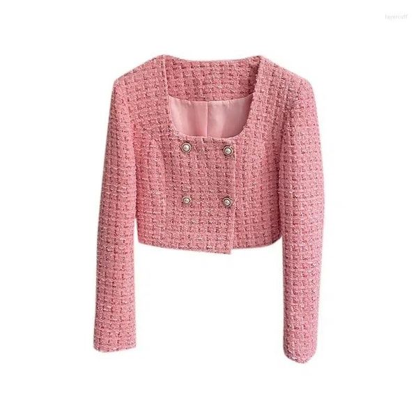 Damenjacken Quadratischer rosa Hals Perlenknopf Helle Seide Tweed Duftender Mantel Frauen Herbst 2023 Hochwertige Damenjacke