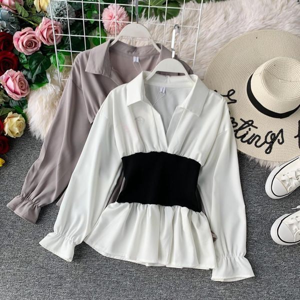 Blusas femininas peplum blusa de manga comprida superior camisas brancas coreanas Tops e retalhos 2023 Ruffle Vintage Autumn Winter Roupos