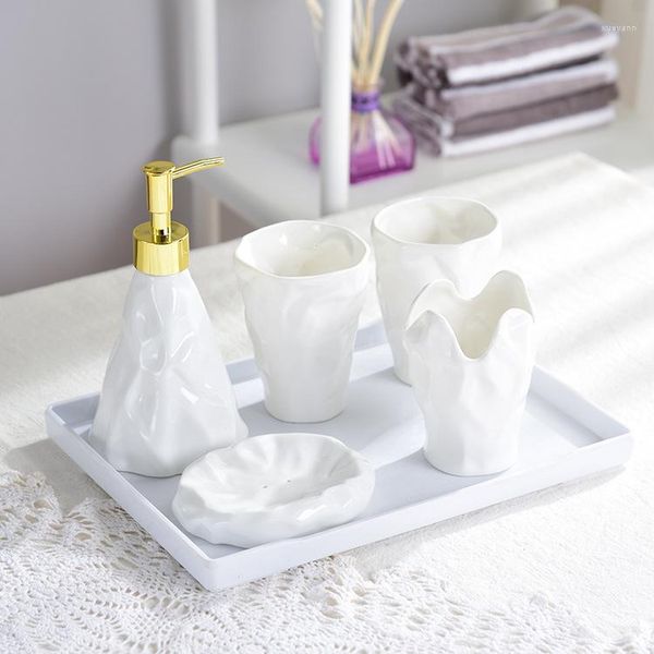 Set di accessori per il bagno Accessori per il bagno in ceramica bianca di alta qualità con supporto per spazzolino portaoggetti in bambù con vassoio Frete Gratis