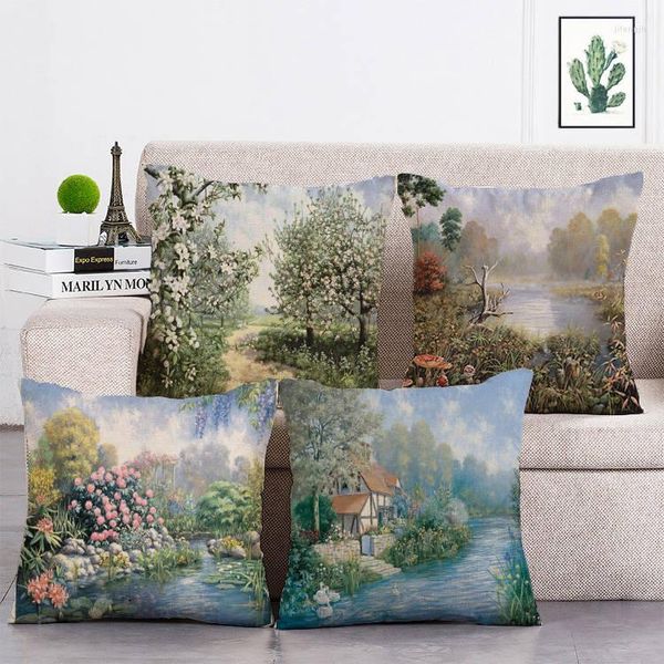 Cuscino Country Scenery Pittura a olio Stampa Copertina Lino Cotone Soggiorno Decorazione da giardino Throw Case T308