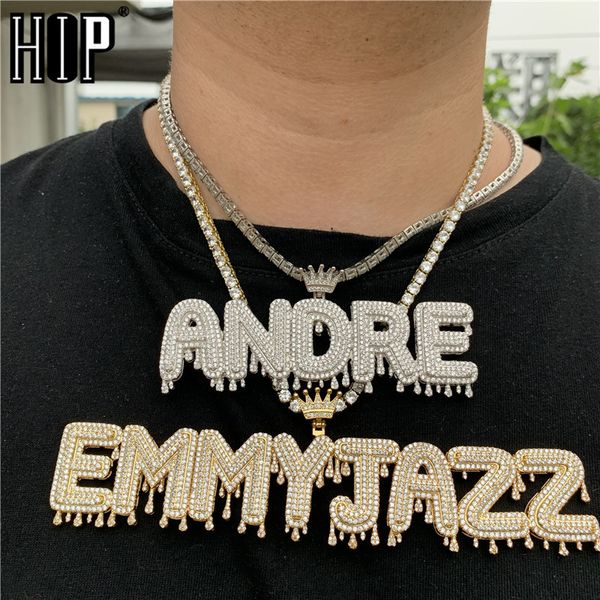 Anhänger Halsketten Hip Hop Benutzerdefinierter Name Kubischer Zirkon Krone Tropfen Iced Out Blase Buchstaben Kettenanhänger für Männer Schmuck Kubanisches Tennis