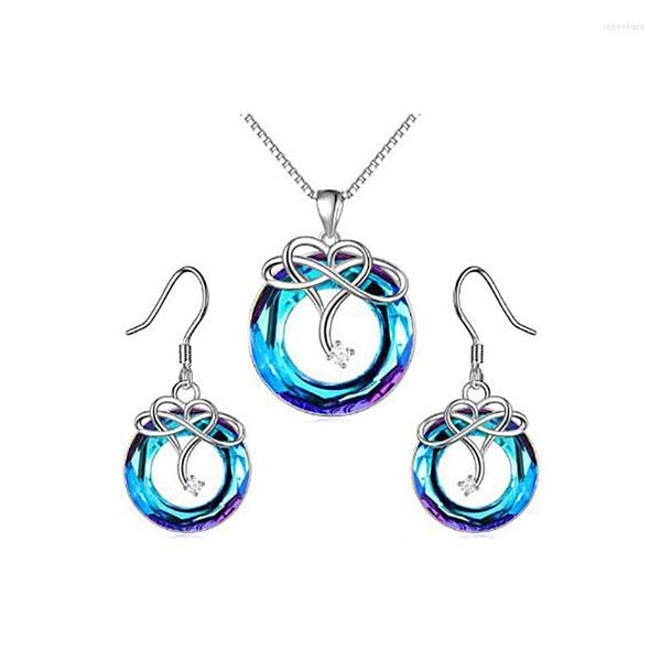 Catene Dainty Blue Crystal Hollow Heart Collana per le donne Ragazze Eternity Endless Love Hoop Earring Set Wedding Engagement Jewelry Gift