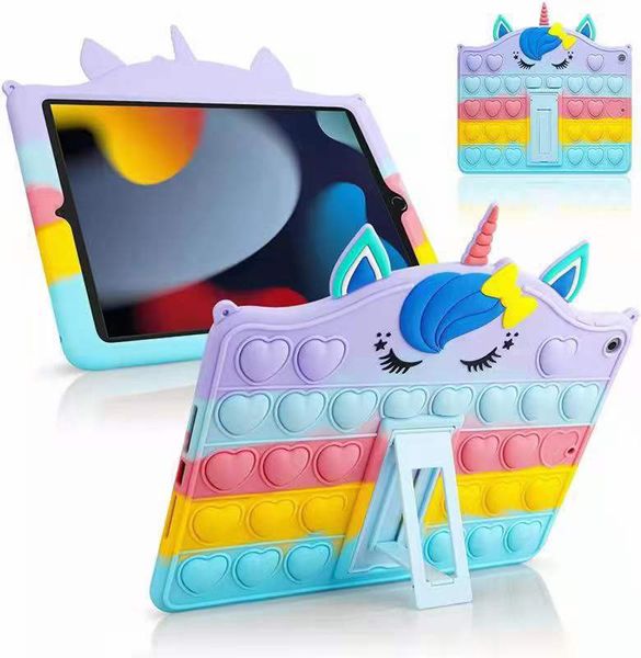 Capa fofa de unicórnio pop arco-íris para iPad 9,7 polegadas Air 9th 8th 7th iPad Pro Push Silicone Bubble Ansiedade Stress Reliever Fidget Toys Case para meninas meninos mulheres