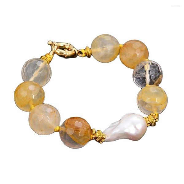 Strand JK 16mm de 16 mm Facetado brasileiro Golden Crystal Quartz Braça pérola branca Keshi para mulheres