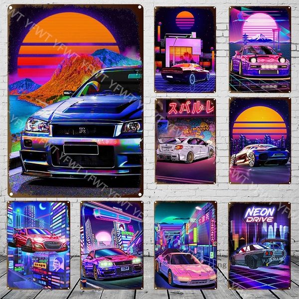 Pintura de metal retro cor neon carros esportivos placa placa vintage sinal sinal retro metal sinal de metal decoração decoração de parede decoração bar 30x20cm w03