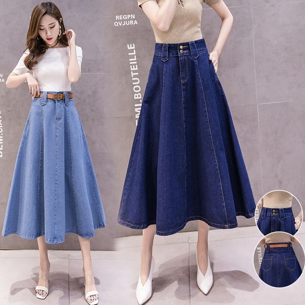 Jeans de outono da primavera feminina High Caist Slim A-Line Umbrella Midi Long Skirt Smlxl2xl