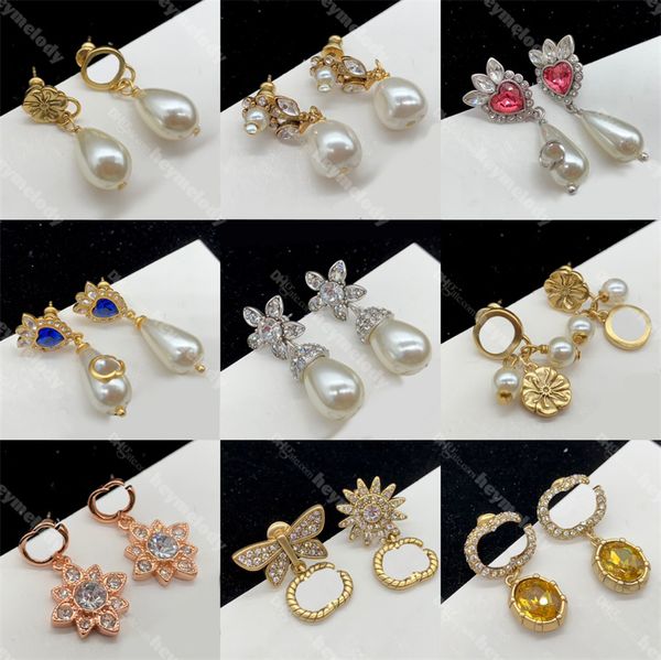 Chic Designer Pearl Pendant Studs Donna Data Orecchini di diamanti Orecchini a cerchio di fiori Gioielli Festa di nozze Regalo di compleanno