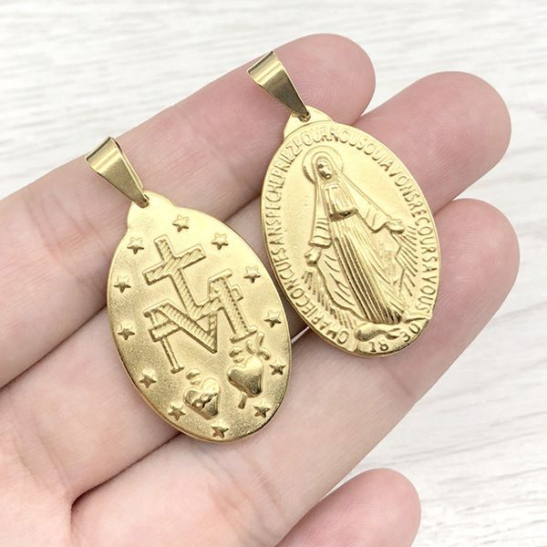 Charms Edelstahl Gold Farbe Jungfrau Maria Medaille Anhänger Religiosas Kreuz Medaillon Medallas Mädchen DIY Herstellung Halskette 10PCS 230320