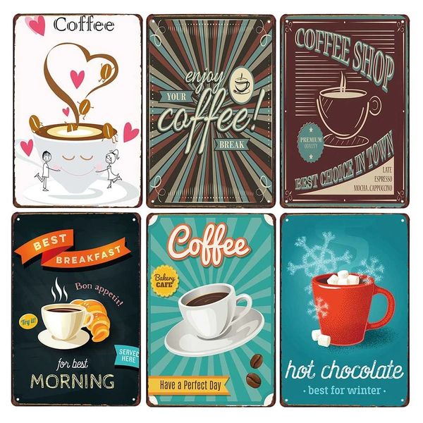 Cafe Vintage Wall Art Signs Signs Coffee Poster para Bar Pub Club Cafe Tin Pintura Placas de metal decoração Decoração de casa Placa 30x20cm W03