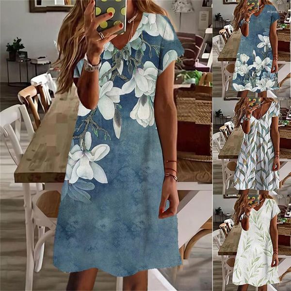 Abiti casual 2023 Abito a trapezio da donna Primavera Estate Scollo a V Gonna moda Donna Manica corta blu Stampa floreale al ginocchio