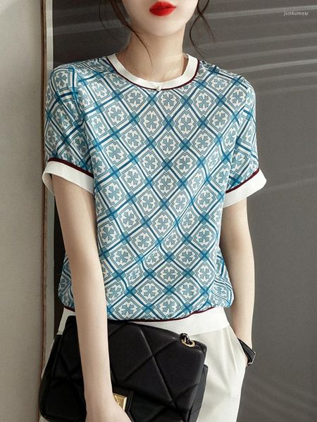 Sommer Casual Tops Damen Mode Kurzarm Glatte Farbe Kontrast Gedruckt Eis Seide T-shirt Elegante Stricken Tees