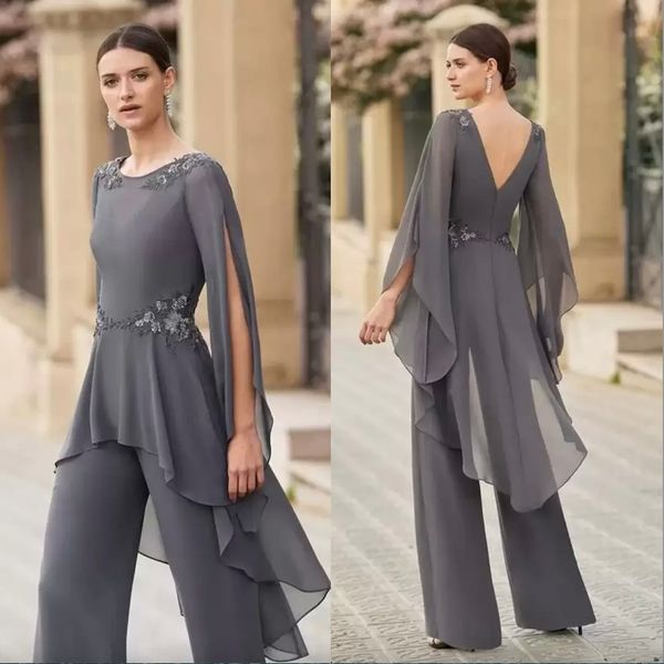 Zweiteiliges Meerjungfrau-Kleid für die Brautmutter, Chiffon-Anzugshosen-Set, Juwelenausschnitt, lange Ärmel, Applikationen, elegant, günstig, Übergröße, Mutterkleider, Abend- und Ballkleider