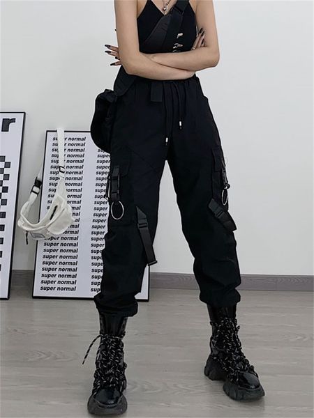 Kadın Pantolon Capris Qweek Techwear Gotik Siyah Kargo Pantolonları Kadın Punk Sokak Giyim Hip Hop Joggers Harajuku Yüksek Bel Şeridi Gevşek Kadın Pantolon 230321