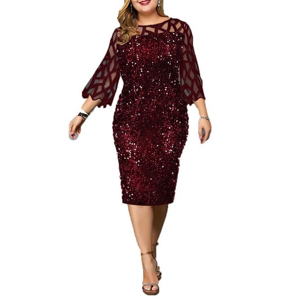 Vestidos casuais 2023 lantejoulas vestido mulheres primavera verão redonda vinho vermelho marinho azul preto Europa America plus size 5xl moda gh902