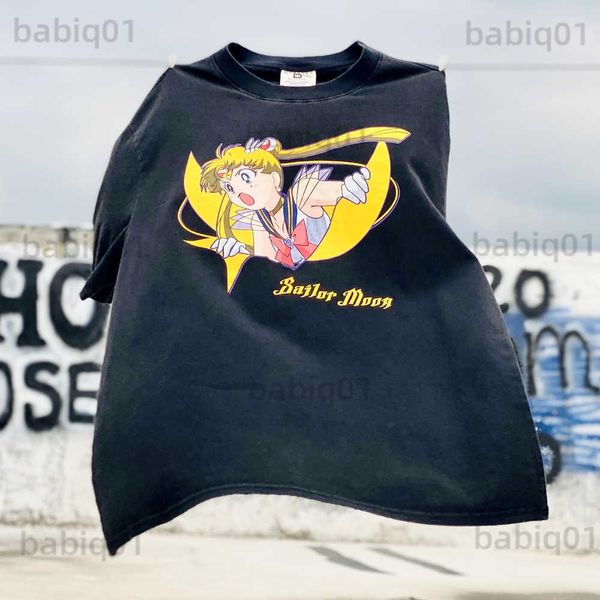 Erkek Tişörtler Kurbağa Drift Moda Anime Sailor Moon Büyük Boy Gevşek Büyük Boy Siyah Tee Tişört