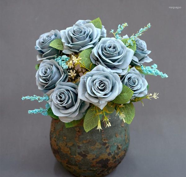 Dekorative Blumen künstliche falsche Rosen Bouquet Blau weiße Seiden Rose Blume Hochzeit Dekoration Accessoires Heimdekoration