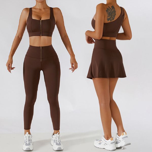 Zweiteiliges Kleid 12PCS Yoga Set Frauen Workout Sport Gym Wear Anzug Hohe Taille Leggings Rock Front Reißverschluss BH Fitness Top Sportswear 230321