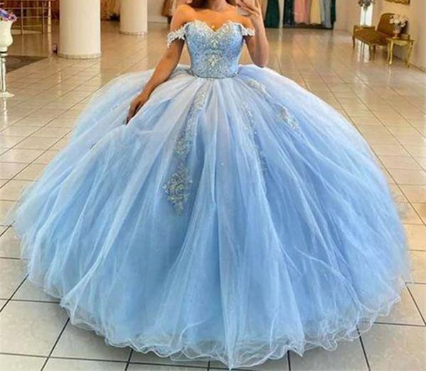 Кринесонера платье Princess Light Sky Blue Appliques Crystal Sweetheart Ball Plan с тюлем плюс Sweet 16 Debutante Party День рождения vestidos de 15 Anos 66