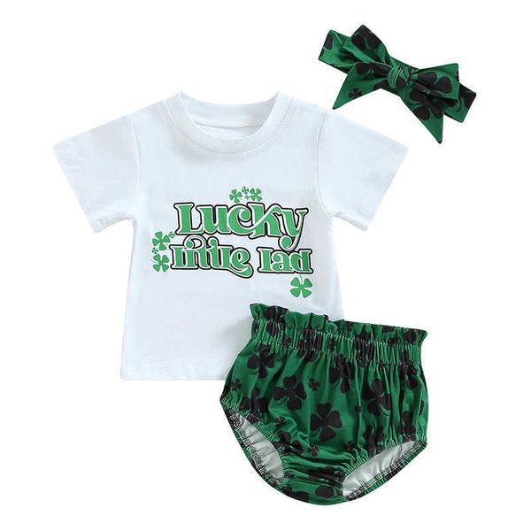 Giyim Setleri St Patricks Günü Bebek Kız Kıyafetleri 3 PCS Yuvarlak Boyun Kısa Kollu Harfler Baskı Tshirt Yonca Baskı Şortları Bowknot Saç Bandı Z0321