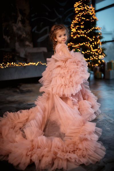 Pink Flower Girl Photoshooting Kleinkind für Hochzeits Festzug Kleid Baby Prom Tüll Rüschen Weihnachtskleider Geburtstagsfeier Erstes Kommunion Langarm