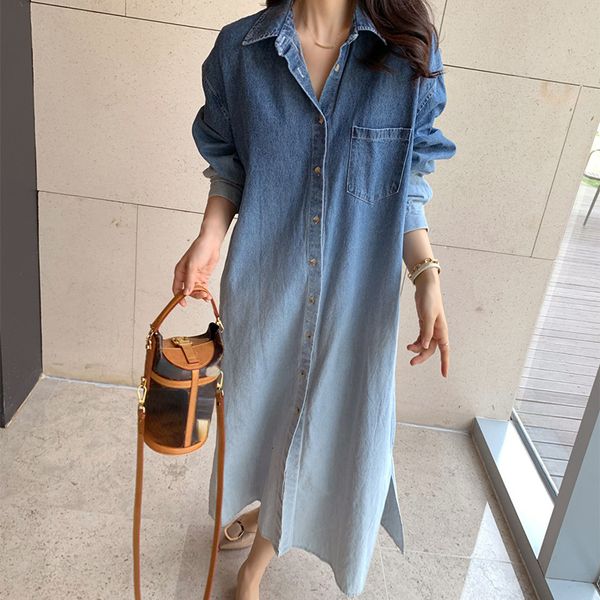 Casual Kleider Japan Harajuku Chic Button Up Lange Denim Kleid Frauen Herbst Winter Mode Casual Streetwear Dame Jean Kleider Großhandel 230321