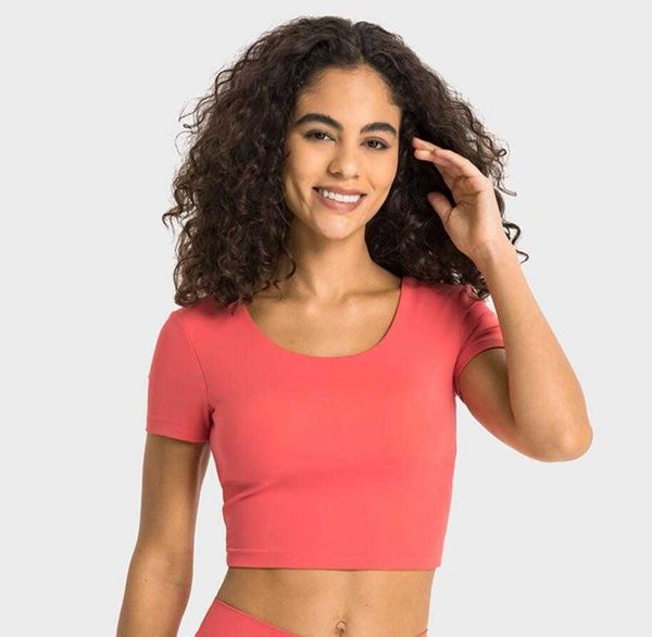 LU-357 Plissee Rücken Yoga Tops mit gepolstertem BH Sport Kurzarm Slim Shirts Workout Fitness Gym Kleidung Frauen