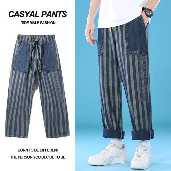 Jeans da uomo Pantaloni a gamba larga stampati larghi estivi con tasche larghe Pantaloni in denim a righe con cuciture casual a gamba dritta alla moda