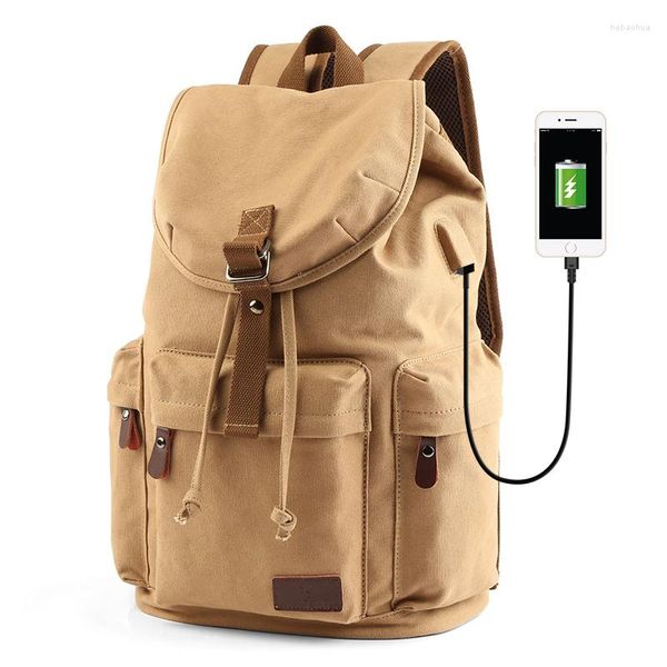 Backpack Men vintage Homens Canvas Bucket estudantes da escola Bolsa de bolsas de bagagem casual para laptop viagens de grande capacidade Rucksack USB Mochila