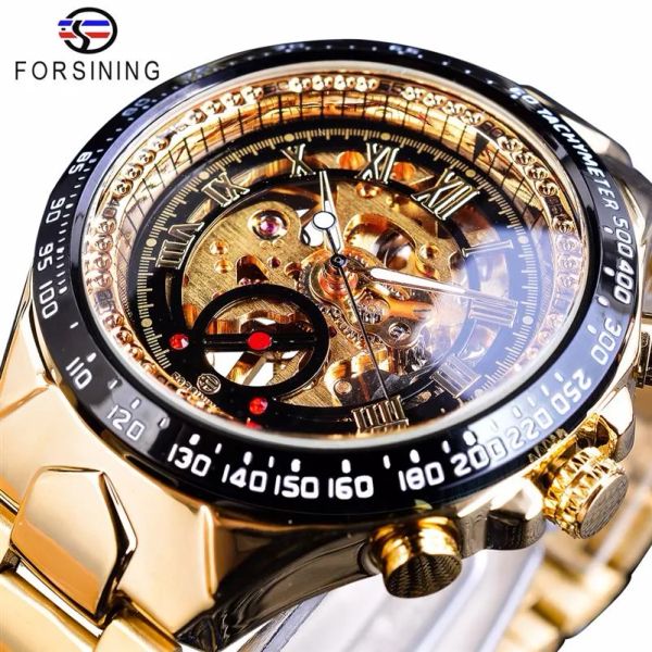 Cwp forsining relógios de aço inoxidável série clássica movimento dourado transparente steampunk masculino esqueleto mecânico marca superior luxur298g