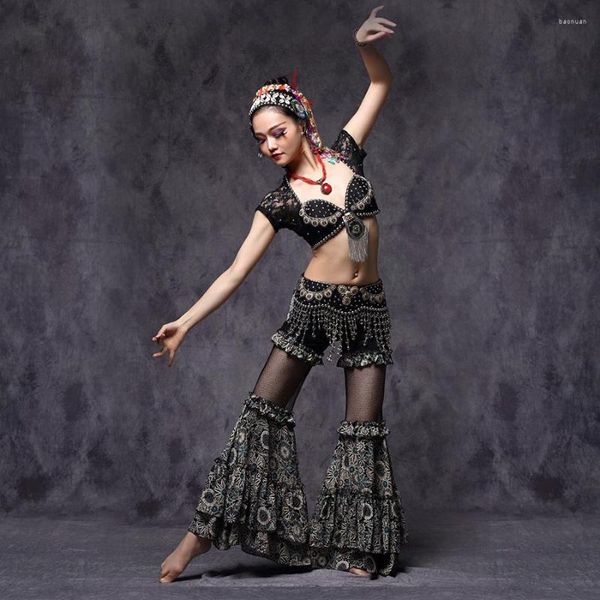 Stage Wear Tribal Belly Dance Training Clothes 3pcs Outfit Sexy Crop Top in pizzo Cintura e pantaloni Costume da donna