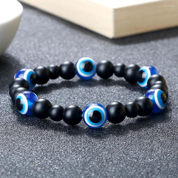 Strang handgemachte türkische Stil Charme Blue Eye Perlen Armbänder für Frauen Männer schwarz Obsidian Naturstein Lava Perlen elastisch