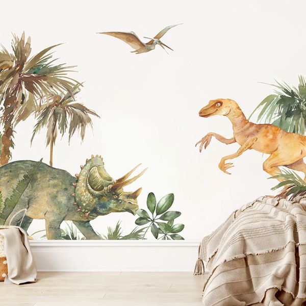 Adesivos de parede desenho animado triceratops dinosaur park adesivo em aquarela para crianças quarto decoração de menino infantil decoração de casa de reprodução 230321