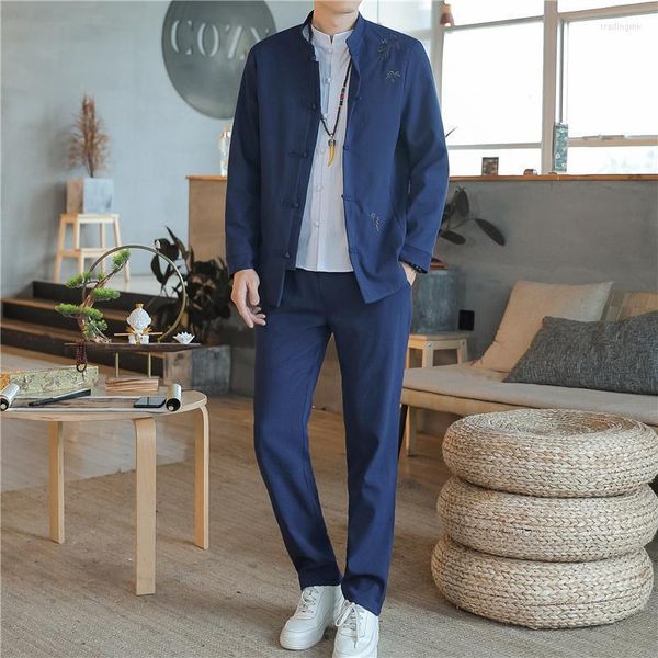 Ternos masculinos 2 peças homens ternos de estilo chinês colarinho túnica masculino noivo Slim Fit Plus Tamanho 5xl Blazer Set Tuxedo (calça de jaqueta)