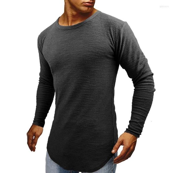 Camisetas masculinas de camisa grossa elegante de manga comprida cura hipster hi bainha de camiseta sólida fita slim streetwear masculino hip hop tee