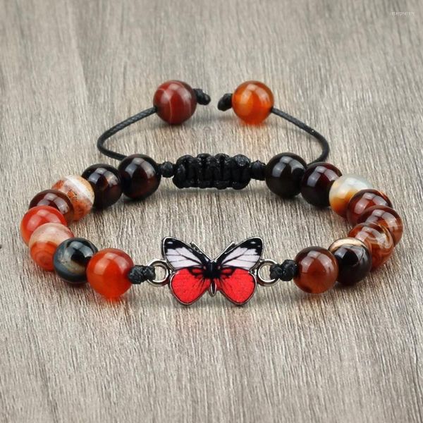 Bracciale in agata di pietra naturale Bracciale a forma di farfalla rossa fatto a mano 8mm Perline di energia Bracciali di yoga Gioielli in onice di lava nera per donna Uomo